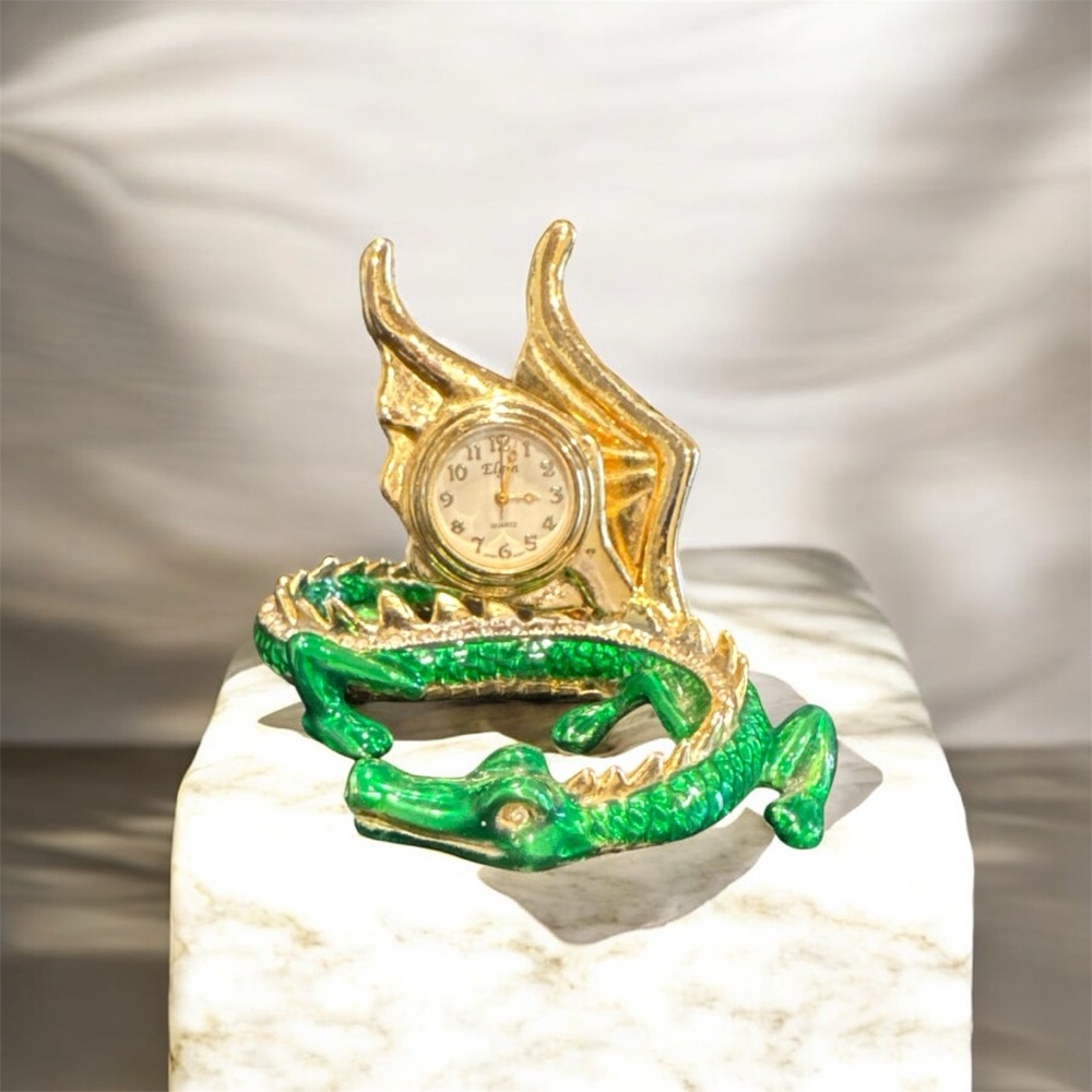 Vintage Elgin Dragon Desk Clock Green Gold Rhinestones New Battery